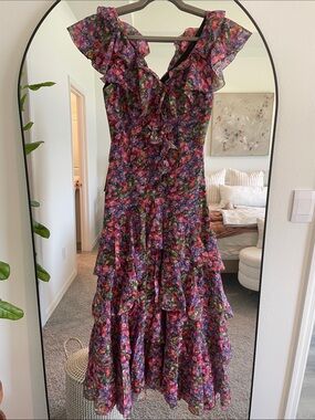 Anthropologie Floral Ruffle Tiered Maxi Dress - Pink, Purple, Green
